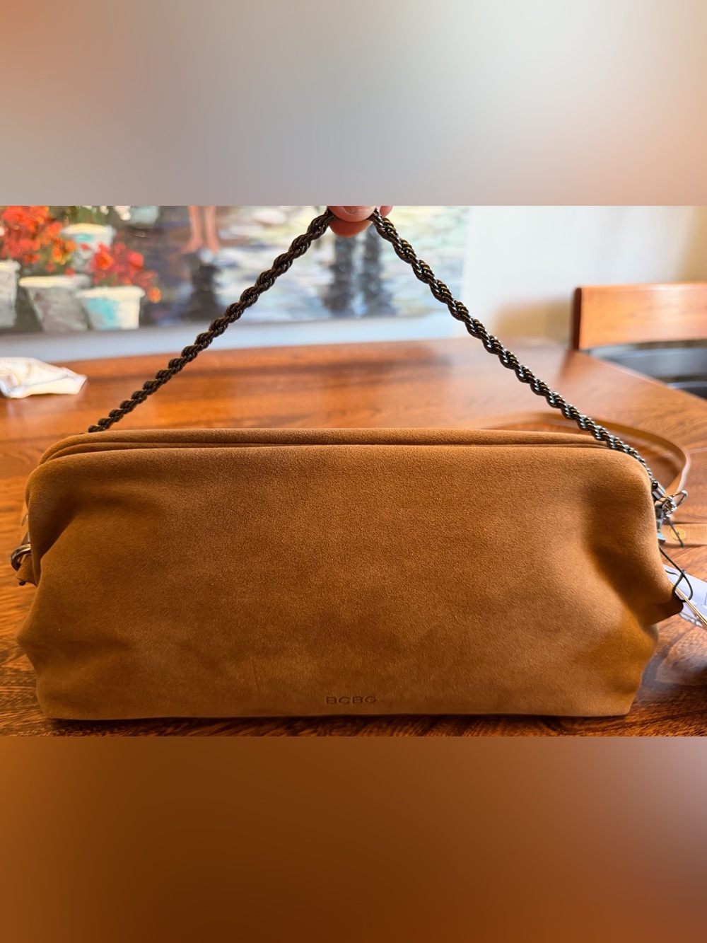 BCBG MaxAzria Cognac faux suede wear 3 way bag.